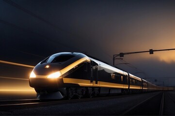 Naklejka premium a train with gold and black stripes traveling at night