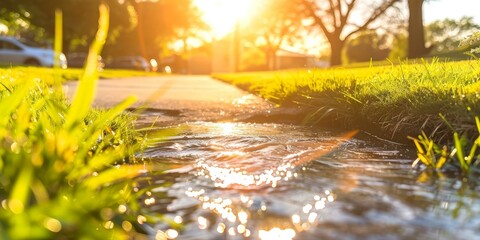 Fototapeta premium Sunset Reflection on Wet City Street with Storm Drain, highlighting the urban beauty and serenity of a rainy evening, capturing the golden light reflecting on the wet pavement