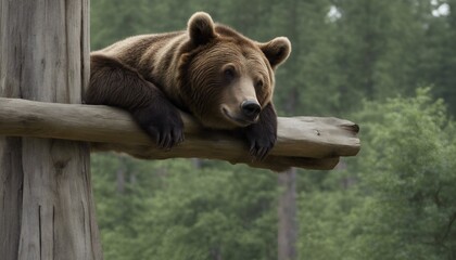 A brown bear is laying on top of two poles.
