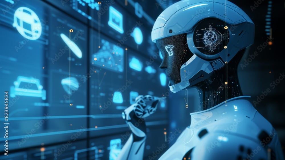 Poster close-up view of an advanced humanoid robot interfacing with digital screens, showcasing futuristic 