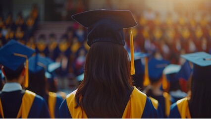  Rear view, university graduates wearing graduation gown and cap in the commencement day, Concept education congratulation. Graduation Ceremony
