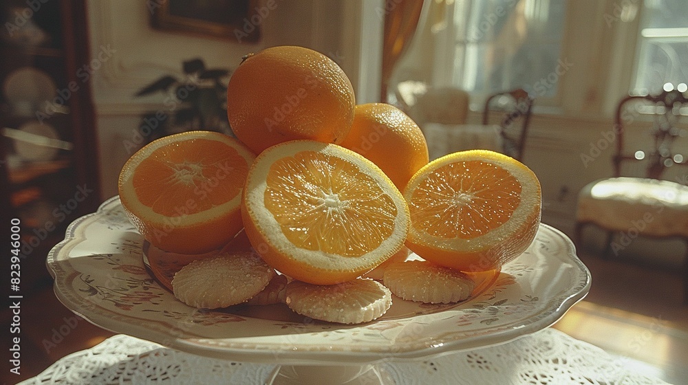 Poster an array of oranges atop a white dish upon a table, visible from the dining area