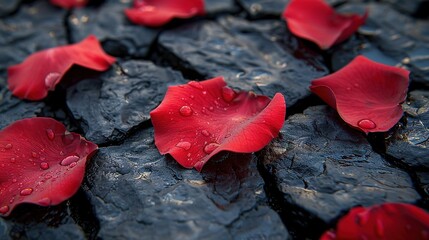   Red flowers sit atop black rocks, glistening with water droplets