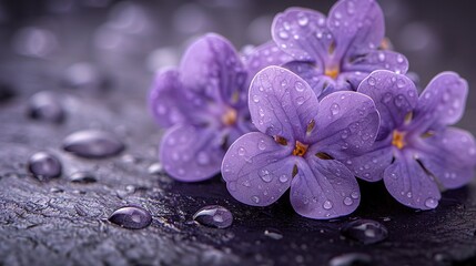   A table is covered in raindrops on a black surface with droplets of water, while a cluster of purple flowers rests atop it