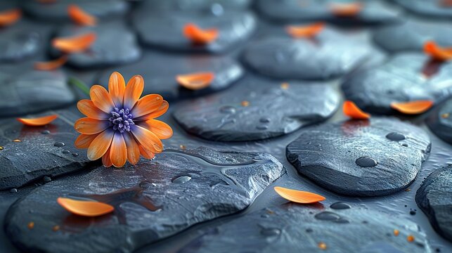   A close-up of a flower on a rock with water droplets on the ground and orange petals on the rocks