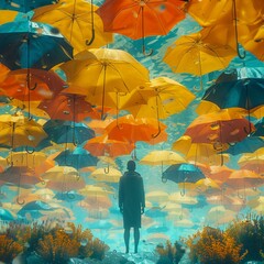 A man standing in a surreal underwater scene with a multitude of colorful umbrellas suspended above him.