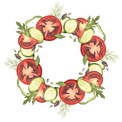 Cucumber, tomato, pepper slices with basil and dill leaves. Watercolor illustration. Fresh organic vegetables and aromatic herbs. Wreath for menu, banner, vegetable shop design. Farm products