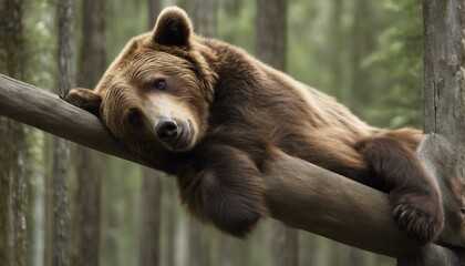 A brown bear is laying on top of two poles.