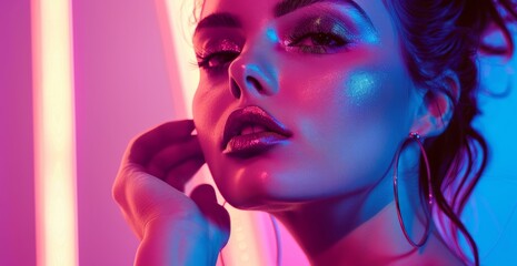 Naklejka premium Beautiful woman with shiny makeup and big hoop earrings, pink blue purple color background, neon lights, high contrast, hyper realistic photography