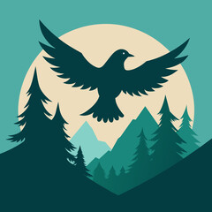 A bird flying over forest mountains and sky vector silhouette 
