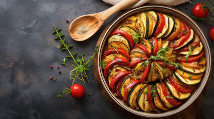 Top view of colorful ratatouille with zucchini, eggplant and tomatoes in a round dish on a dark background. 