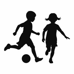 Vector silhouette of siblings are playing with a soccer ball on white background