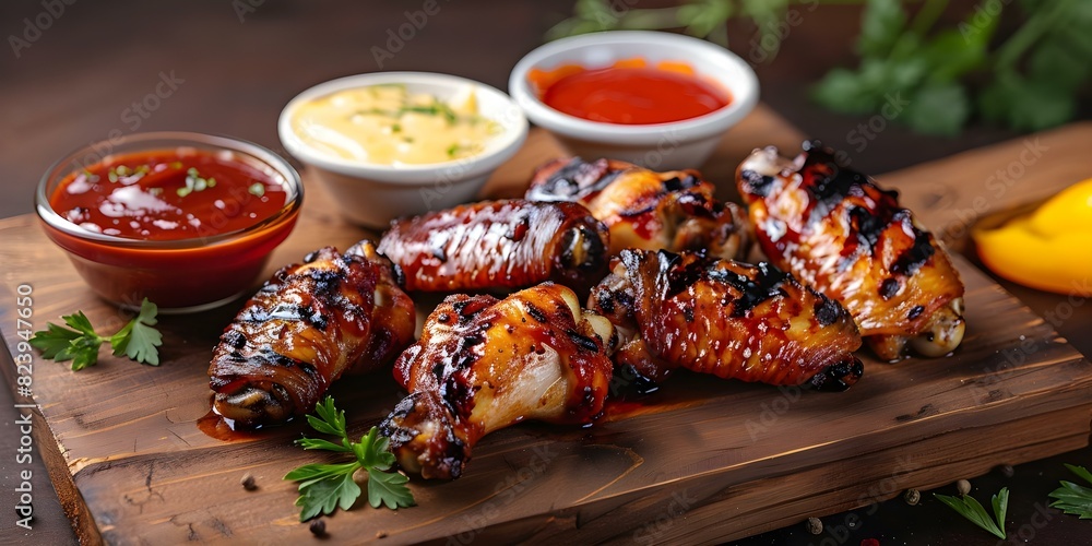 Wall mural Assorted sauces accompany grilled chicken wings on a wooden board with a bokeh background. Concept Food Photography, Grilled Chicken Wings, Assorted Sauces, Wooden Board, Bokeh Background - Wall murals