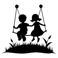 Vector silhouette of two cute siblings swinging on a field