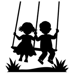 Vector silhouette of two cute siblings swinging on a field