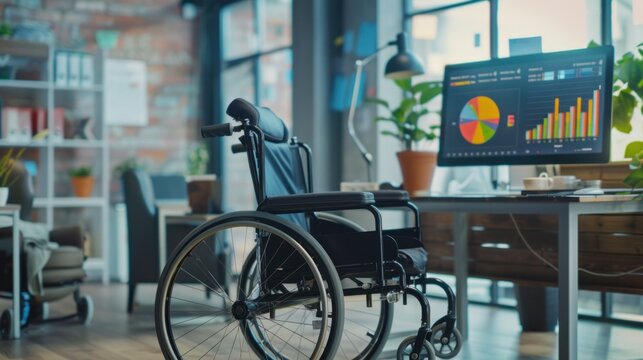 A wheelchair in an inclusive office setting for employees, with a computer screen displaying statistical graphs.





