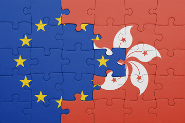 puzzle with the colourful national flag of hong kong and flag of european union.