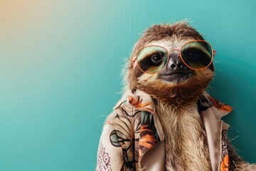 Fototapeta premium A stylish sloth wearing retro sunglasses and a vintage outfit, leaning casually against an invisible wall, isolated on a solid teal background.