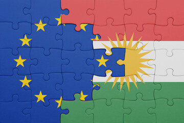 puzzle with the colourful national flag of kurdistan and flag of european union.