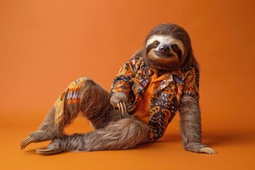 A photo of a sloth in a classic 70s outfit, including bell-bottom pants and a patterned shirt, posing with a laid-back expression, isolated on a solid burnt orange background.