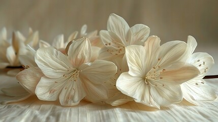   A cluster of white blossoms rests on a white-covered tablecloth atop a wooden table