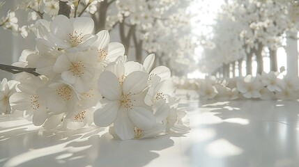   A cluster of snowy blooms resting atop a pristine carpet, surrounded by tall white tree trunks with blossoming leaves