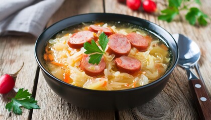 Sauerkraut soup with smoked sausages and vegetables in a black bowl, rustic wooden table, generative AI