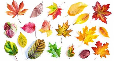 Fototapeta premium Collection of vibrant autumn leaves in various colors placed on a white surface