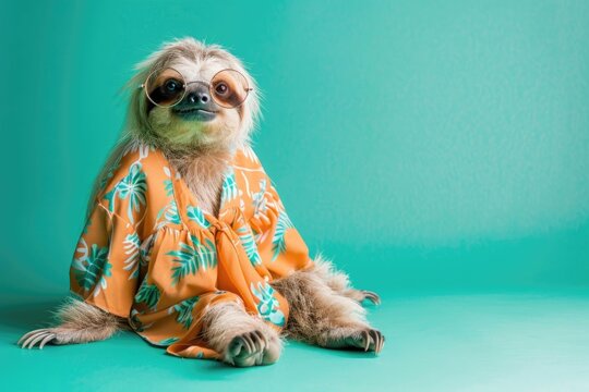 A fashionable sloth in a retro dress and round glasses, sitting cross-legged and looking stylishly nonchalant, isolated on a solid mint green background.