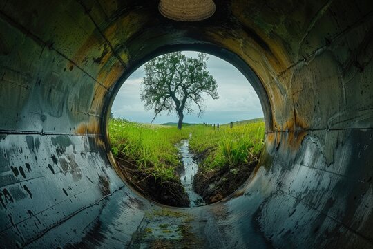 Water Infrastructure: Industrial Sewer Pipe Inside View with Grass and Trees in the Meadow
