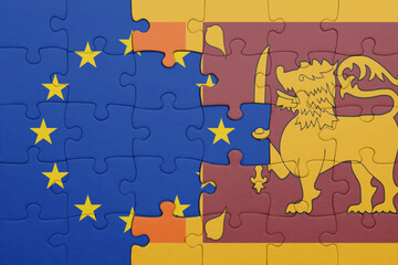 puzzle with the colourful national flag of sri lanka and flag of european union.