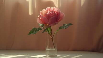   A pink peony in a vase on a table with a pink curtain and sunlight through the window