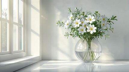   A vase with white flowers rests atop a white window sill beside the window