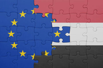 puzzle with the colourful national flag of yemen and flag of european union.