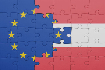 puzzle with the colourful national flag of austria and flag of european union.