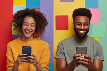 composite photo collage of happy diverse couple using huge smartphone for online voting
