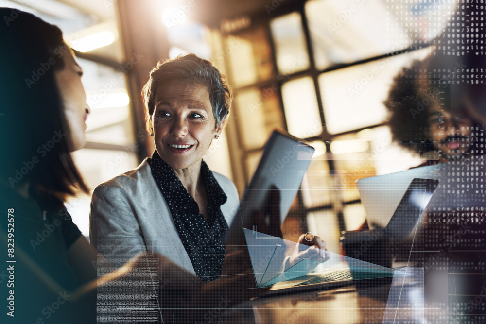 Aufkleber Double exposure, business woman and tablet coding with staff and coworking with teamwork. Office, website programming and analytics overlay with web developer and management with digital work in dark
