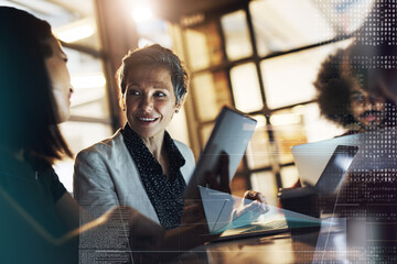 Double exposure, business woman and tablet coding with staff and coworking with teamwork. Office, website programming and analytics overlay with web developer and management with digital work in dark