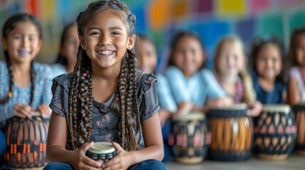 Asian American children at the AAPI Heritage Month music workshop learn traditional instruments in a music school with large copy space on walls