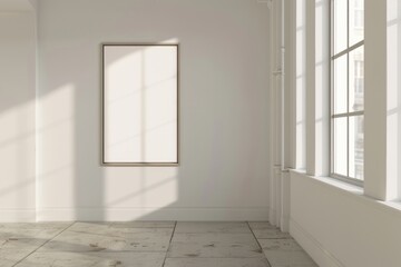 Art Windows. Rectangular Vertical Frame Poster Mockup in Neutral White Room with Gallery Hall Interior