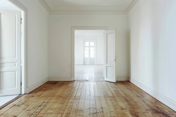 Painted Rooms. Empty Renovated Room with Laminate Flooring, White Walls, and Corridor in Refurbished Apartment