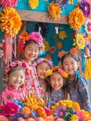 Asian American children are taking part in a cultural craft fair for AAPI Heritage Month, showcasing colorful crafts in a school setting with copy space on the wall