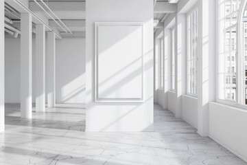 Art Windows. Rectangular Vertical Frame Poster Mockup in White Room with Neutral Background