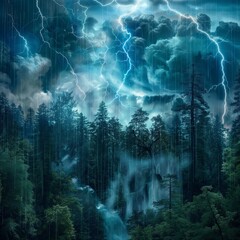A forest in the throes of a thunderstorm, with lightning illuminating the dark, roiling clouds...
