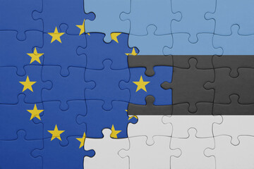 puzzle with the colourful national flag of estonia and flag of european union.