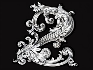 2 number, baroque sculptures scroll, black background