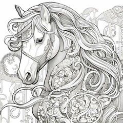 Art Nouveau Horse Coloring Page: Intricate Equine Design for Relaxation
