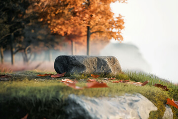 A rock podium with a field of grass and fallen leaves, surrounded by trees with orange autumn...