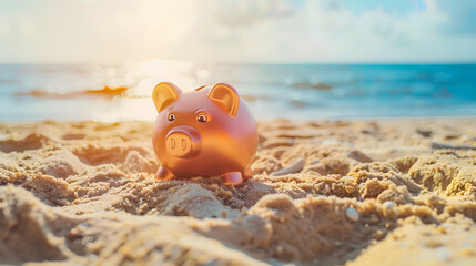 Financial freedom. Piggy bank relaxing on the sandy beach. Wealth growth and financial independence concept. 
