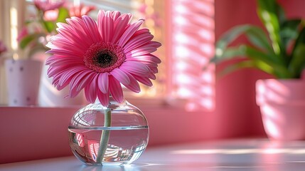   A pink flower in a glass vase with water in front of a pink wall and a potted plant in the background
